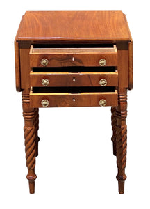 19th C Antique Mahogany 3 Drawer Worktable / Nightstand with Rope Carved Legs