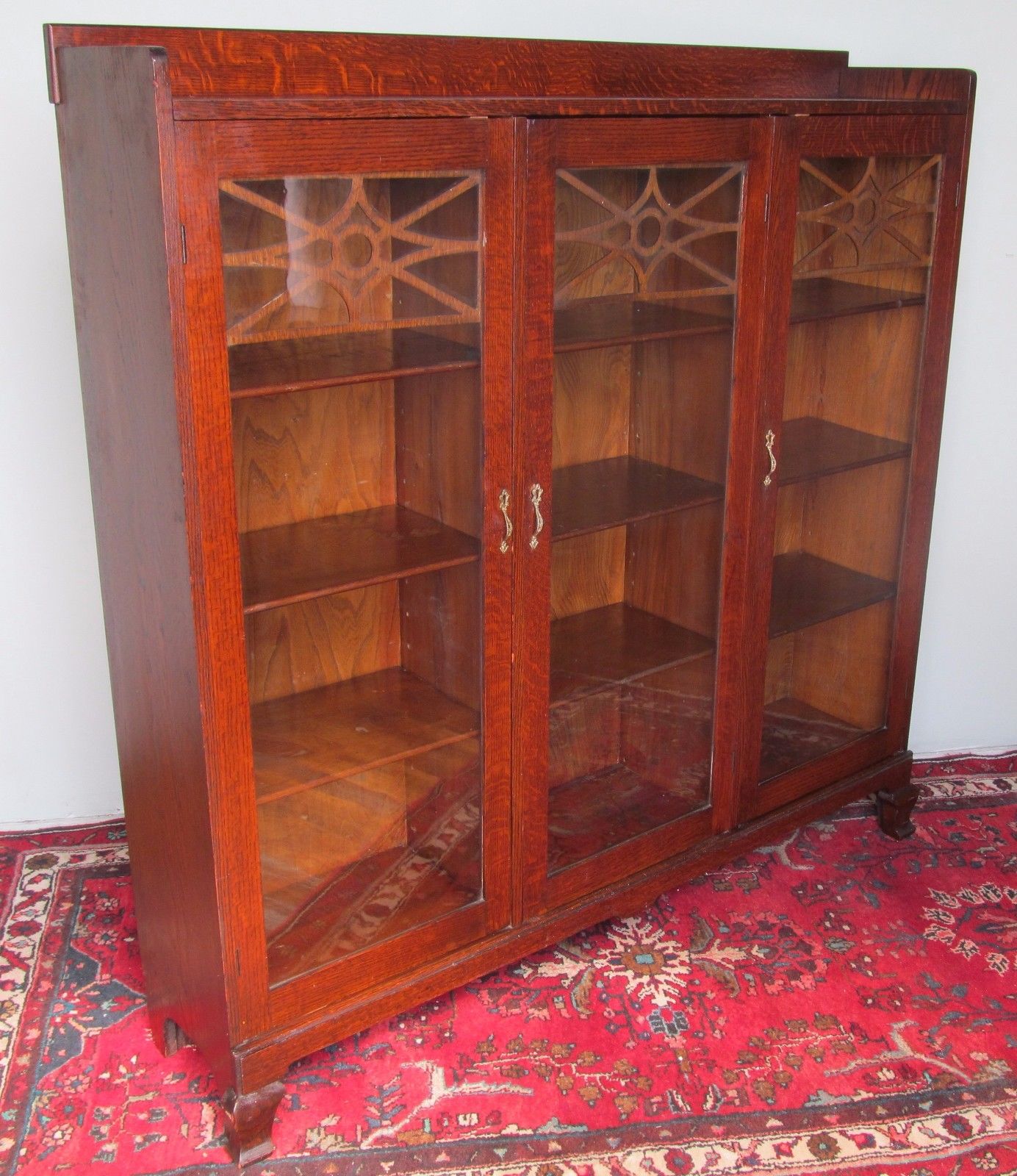 FINE TRIPLE DOOR VICTORIAN OAK BOOKCASE WITH FRET WORKED DOORS-EXTRA CLEAN COND.