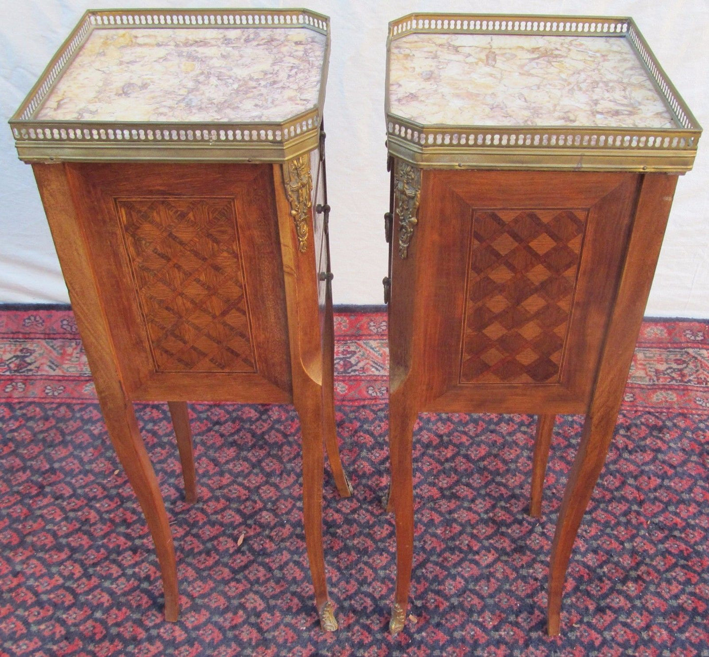 RARE SIZED DIMINUTIVE INLAID PAIR OF FRENCH LOUIS XVI CARRERA MARBLE TOPPED NIGH