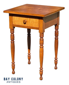 19th C Antique Sheraton Cherry & Tiger Maple Worktable / Nightstand
