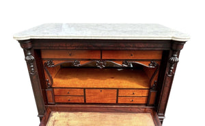 Antique Biedermeier Mahogany & Satinwood Secretary Abattant Desk With Marble Top