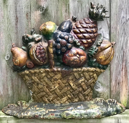 ANTIQUE HUBLEY CAST IRON BASKET OF FRUIT DOORSTOP W/ POLY CHROME PAINT