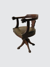 Load image into Gallery viewer, HONER CARVED OAK LEATHER SWIVEL EXECUTIVE DESK CHAIR WITH LION CARVED HEADS