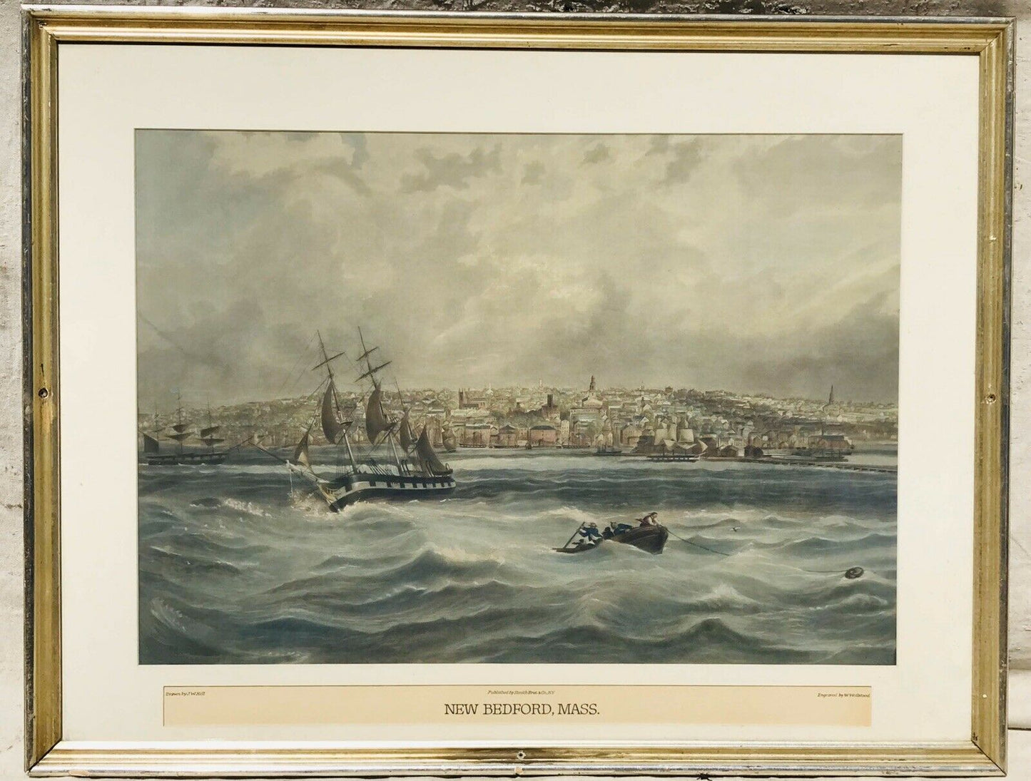 EARLY 20TH C ANTIQUE NEW BEDFORD NAUTICAL WHALING PRINT IN GILT FRAME ~ MARITIME