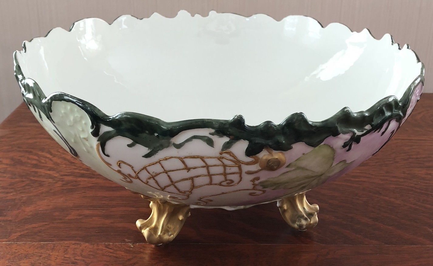 LIMOGES PUNCH BOWL ON GOLD GILT FOLIATE TRI POD FOOTED BASE