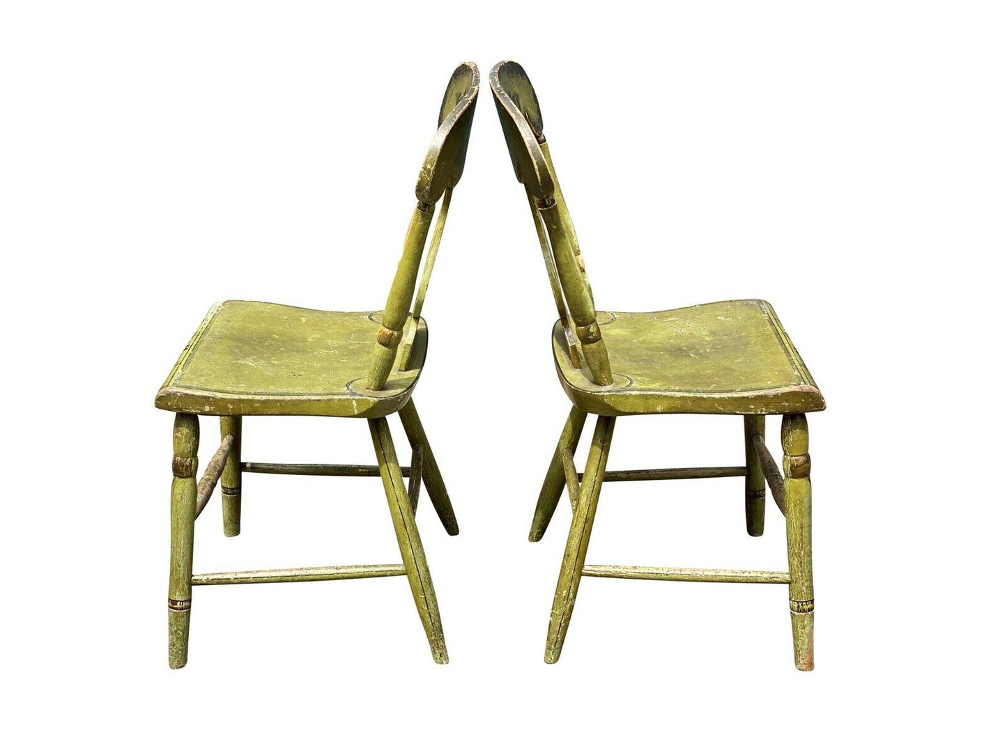 19TH C ANTIQUE SHERATON FANCY PAINT DINING CHAIRS IN BITTERSWEET GREEN PAINT