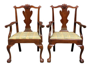 20th C Vintage Pair of Mahogany Henkel Harris Shell Carved Armchairs