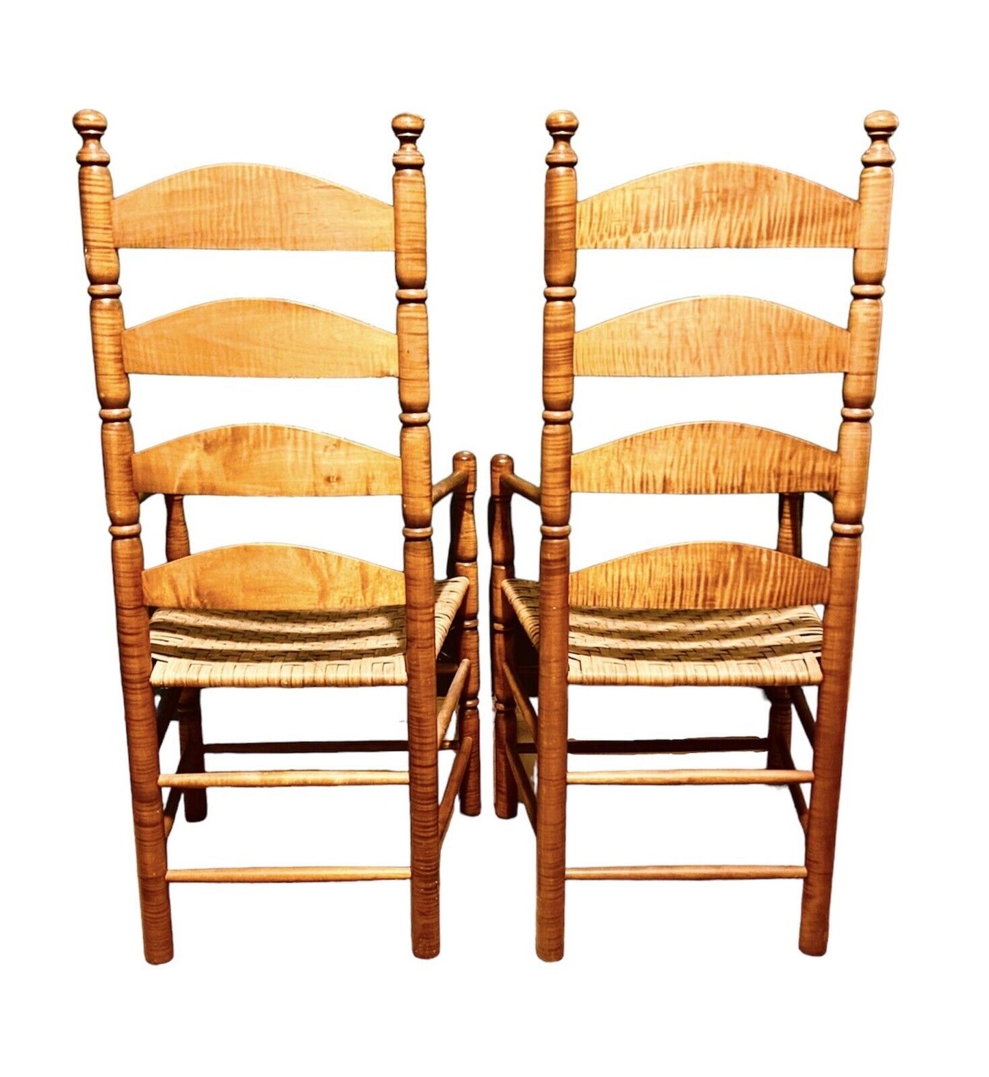 Vintage Pair of William & Mary Style Tiger Maple Ladder Back Armchairs