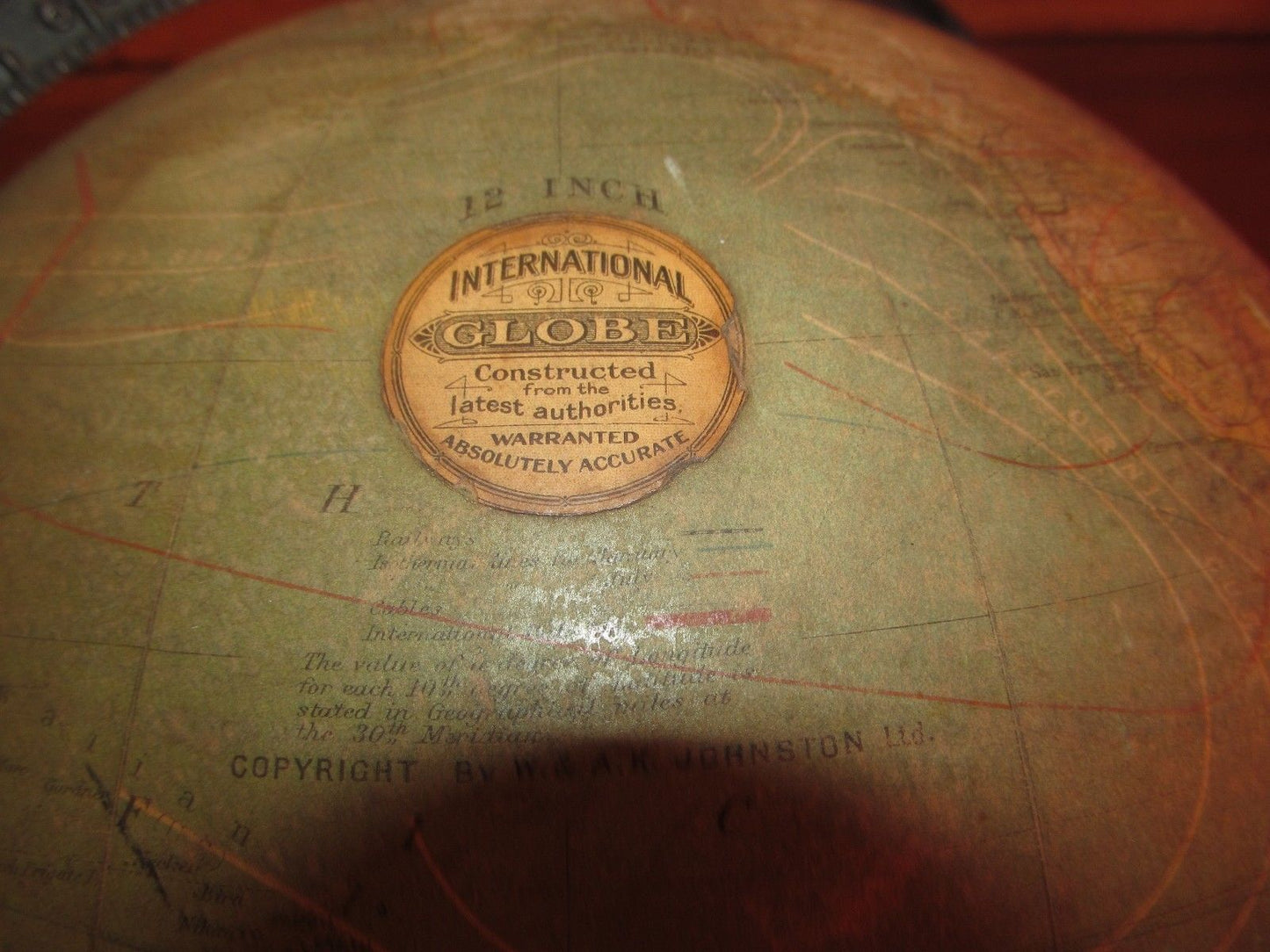 RARE 19TH CENTURY W & AK JOHNSON TERRESTRIAL GLOBE ON BRASS STAND