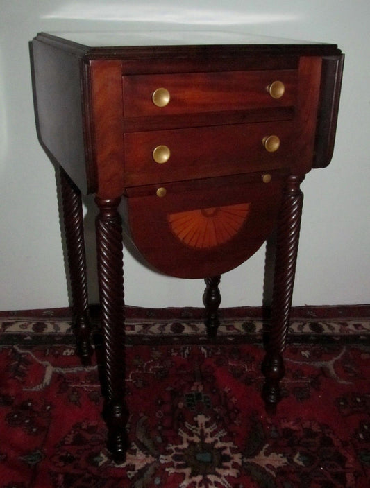 SHERATON STYLE INLAID MAHOGANY WORK TABLE WITH TWIST CARVED LEGS & BASE CABINET