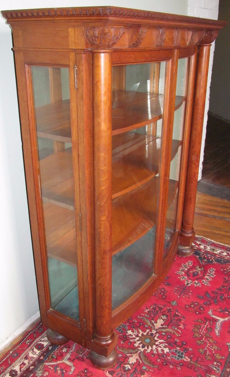 19TH CENTURY VICTORIAN CARVED OAK CURVED GLASS CHINA CABINET - PAINES FURNITURE