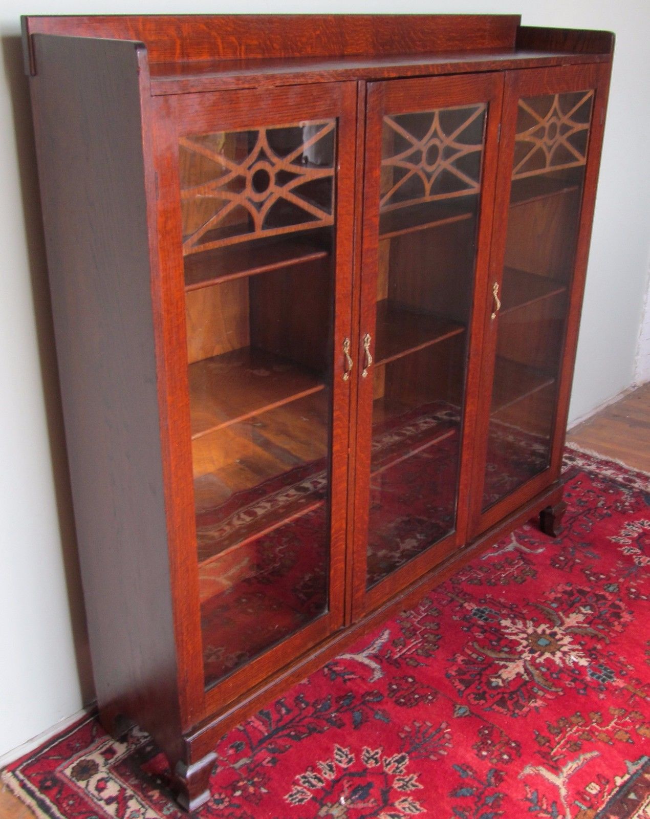 FINE TRIPLE DOOR VICTORIAN OAK BOOKCASE WITH FRET WORKED DOORS-EXTRA CLEAN COND.