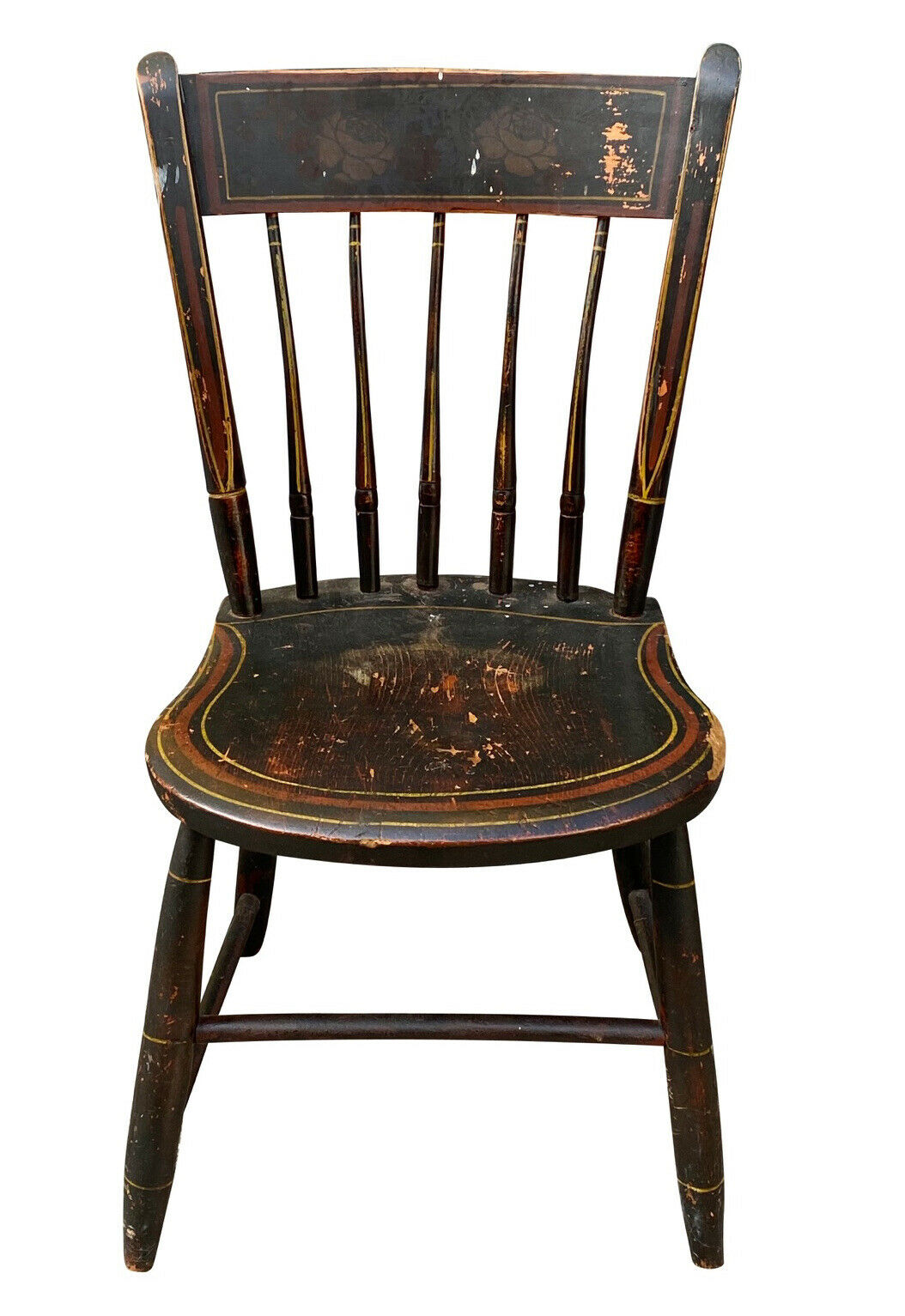 19TH C PAIR OF ANTIQUE COUNTRY PRIMITIVE FANCY PAINT WINDSOR THUMB BACK CHAIRS