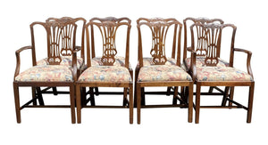 19TH C SET OF 8 ANTIQUE MAHOGANY CHIPPENDALE DINING CHAIRS W/ FLORAL SEATS