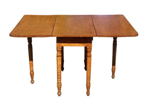 19th C Antique Sheraton Tiger Maple 6 Leg Drop Leaf Dining Table - Curly Maple