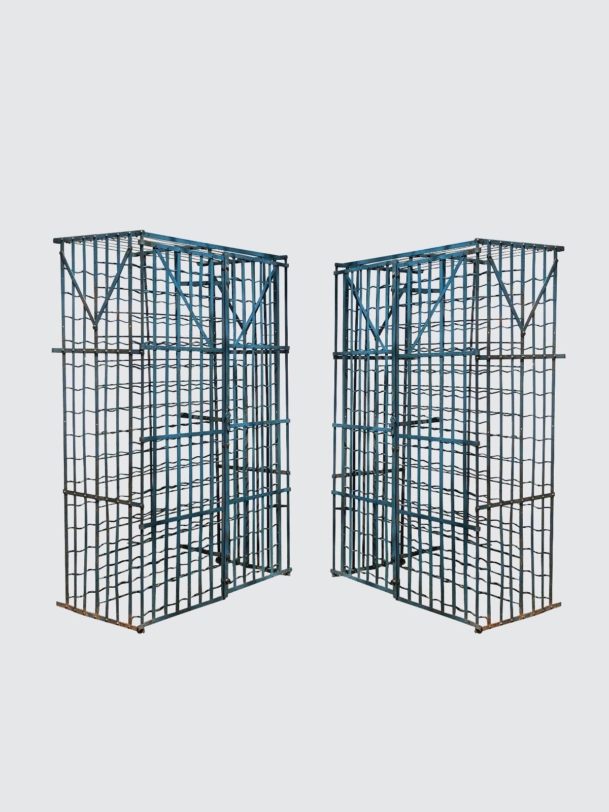 RARE & IMPORTANT PAIR FRENCH ART DECO ANTIQUE IRON WINE RACKS WITH LOCKING DOORS