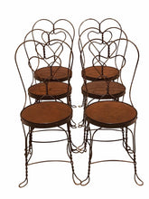 Load image into Gallery viewer, 20TH C ANTIQUE SET OF 6 WROUGHT IRON HEART BACK ICE CREAM PARLOR CHAIRS