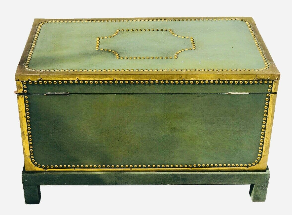 19TH C ANTIQUE BRASS DECORATED BLANKET BOX / TRUNK ON FRAME