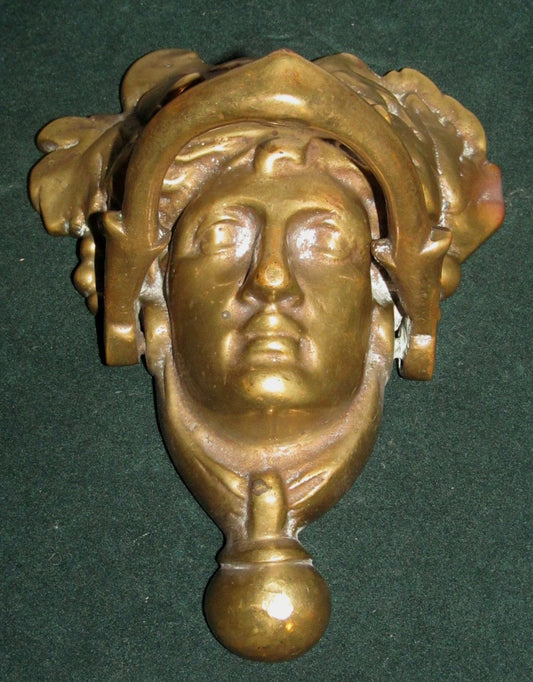 LARGE BRASS FIGURAL ANTIQUE DOOR KNOCKER-MYTHICAL FIGURE HEAD