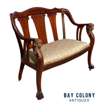 Load image into Gallery viewer, Antique Art Nouveau Mahogany Settee With Figural Carvings Attributed Rj Horner