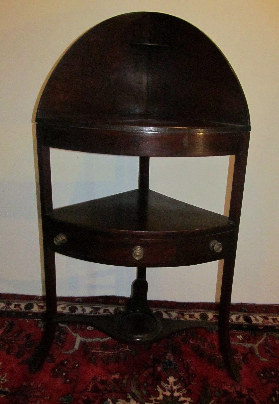 GEORGE III PERIOD MAHOGANY CORNER STAND W/ONE DR & PLANTER STRETCHER BASE