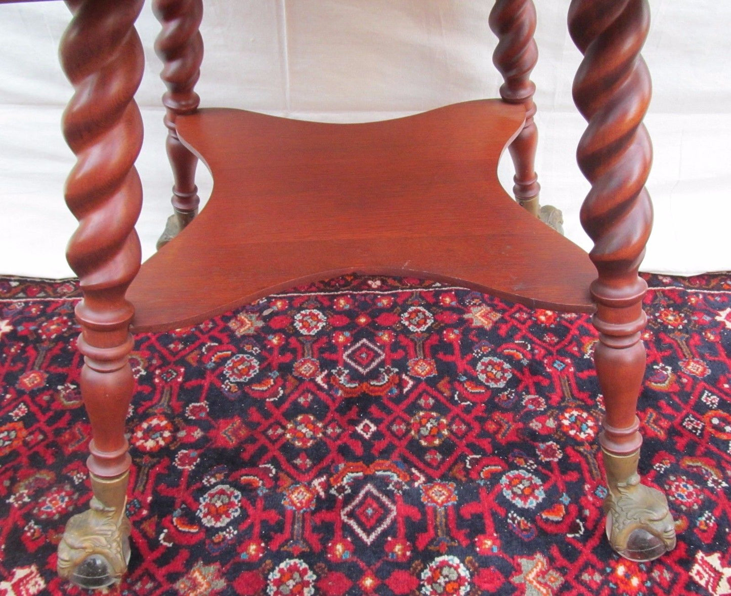 VICTORIAN TIGER OAK PARLOR TABLE WITH GLASS BALL & CAST IRON GROTESQUE HEAD FEET