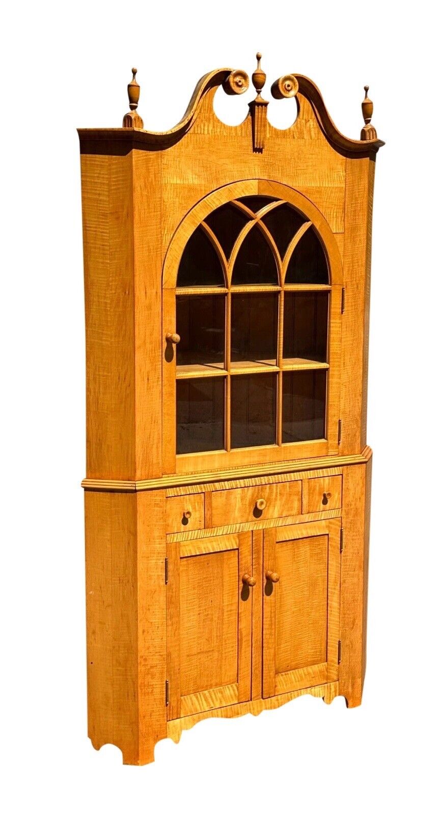 Federal Style Tiger Maple Two Piece Corner Cabinet With Arched Door & Bold Grain