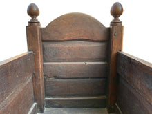 Load image into Gallery viewer, 17TH C ANTIQUE WILLIAM &amp; MARY PANELED OAK CARVED CRADLE ~ PLYMOUTH COLONY 1686