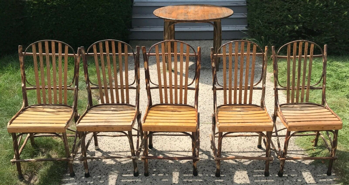 20TH C ADIRONDACK LIVE WOOD TABLE W. FIVE NATURAL BENTWOOD CHAIRS - PATIO SET