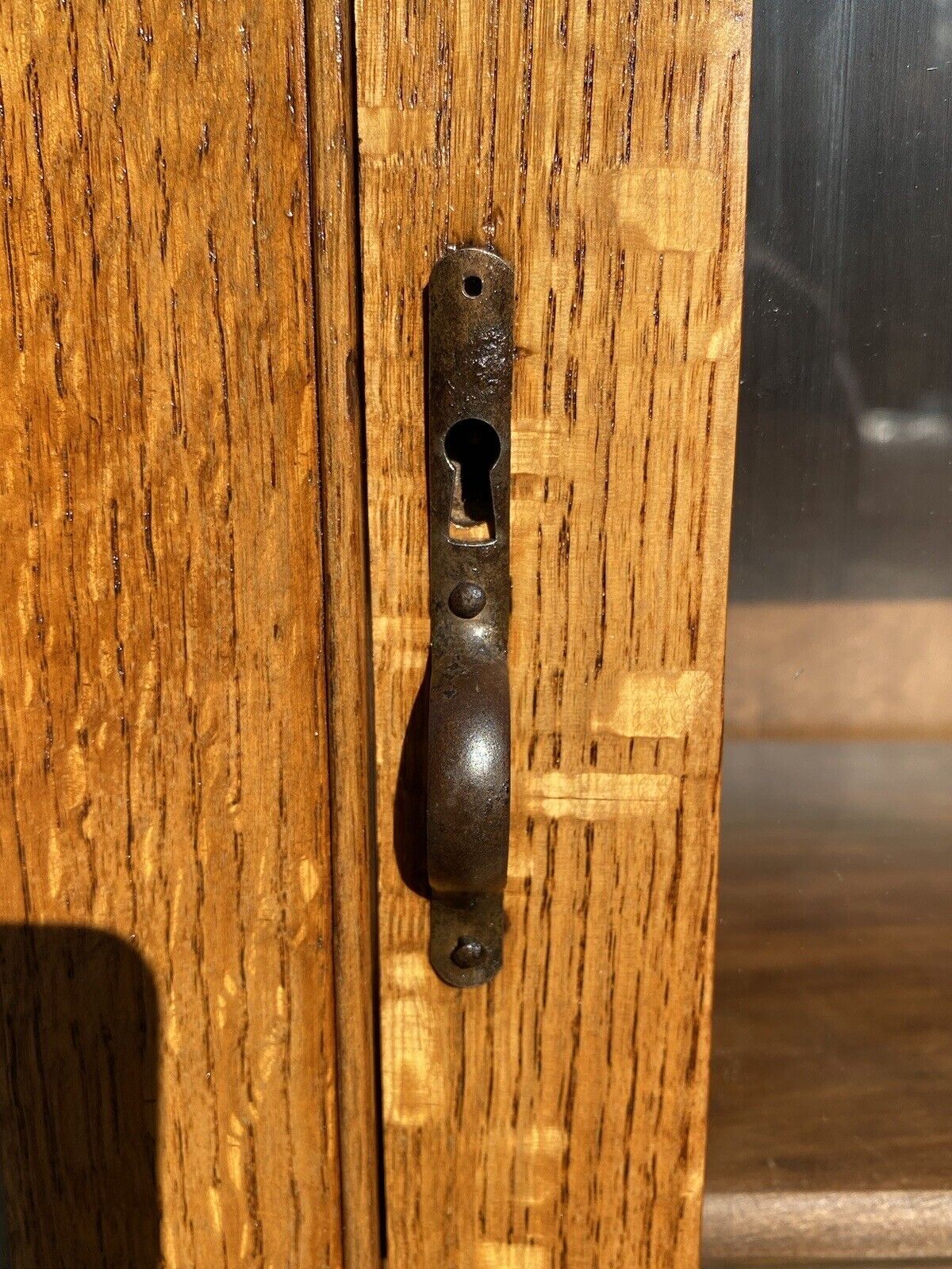 Narrow Antique Arts & Crafts Oak Double Glass Door Bookcase / China Cabinet