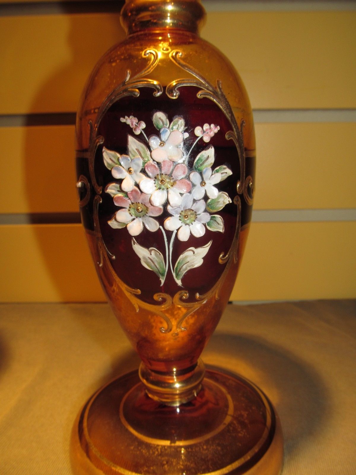 PAIR OF MOSER FLORAL ENAMELED WORKED CANDLESTICKS