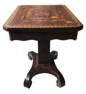 19TH C ANTIQUE SOUTHERN MAHOGANY & WALNUT VARIEGATED INLAY GAME TABLE / CONSOLE