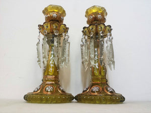 PAIR OF ANTIQUE OPALINE GLASS LUSTERS WITH FACETED CRYSTAL PRISMS & ENAMEL WORK
