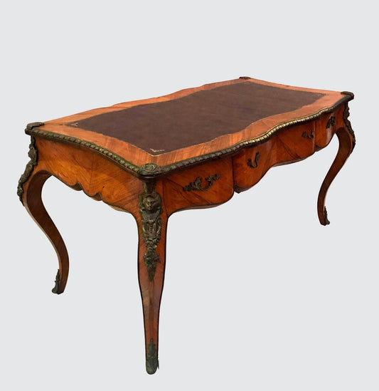 FRENCH LOUIS XV STYLED BUREAU PLAT LEATHER TOPPED WRITING DESK