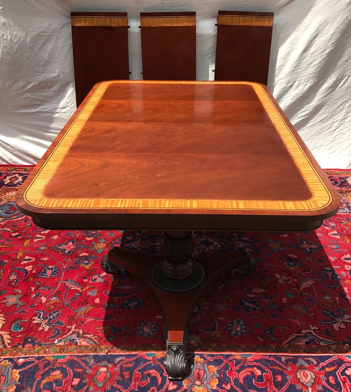 BAKER FURNITURE MAHOGANY SATINWOOD INLAID 10' TABLE ON CARVED PEDESTAL BASES