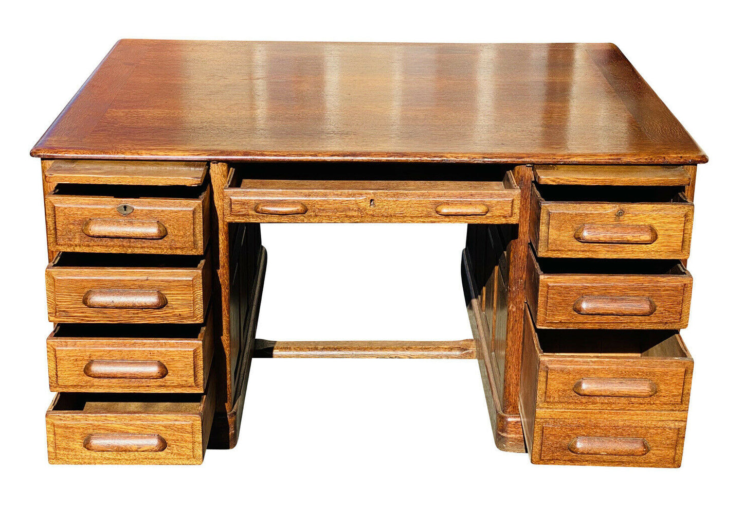 19TH C ANTIQUE VICTORIAN TIGER OAK PARTNERS DESK ~ 60” X 48”