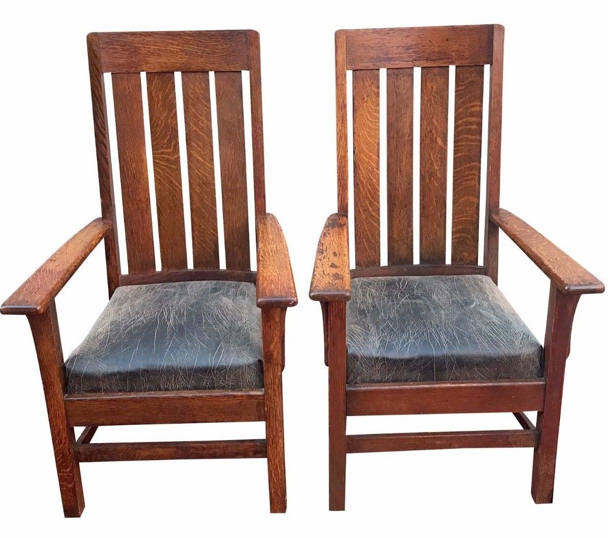 PAIR OF ANTIQUE ARTS & CRAFTS MISSION OAK BILLIARDS CHAIRS