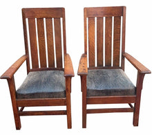 Load image into Gallery viewer, PAIR OF ANTIQUE ARTS &amp; CRAFTS MISSION OAK BILLIARDS CHAIRS