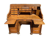 Load image into Gallery viewer, 19TH C ANTIQUE VICTORIAN CUTLER DESK COMPANY TIGER OAK S CURVE ROLL TOP DESK