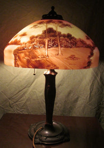 FABULOUS ART NOUVEAU REVERSE PAINTED PITTSBURGH LAMP WITH PAINTED LANDSCAPE