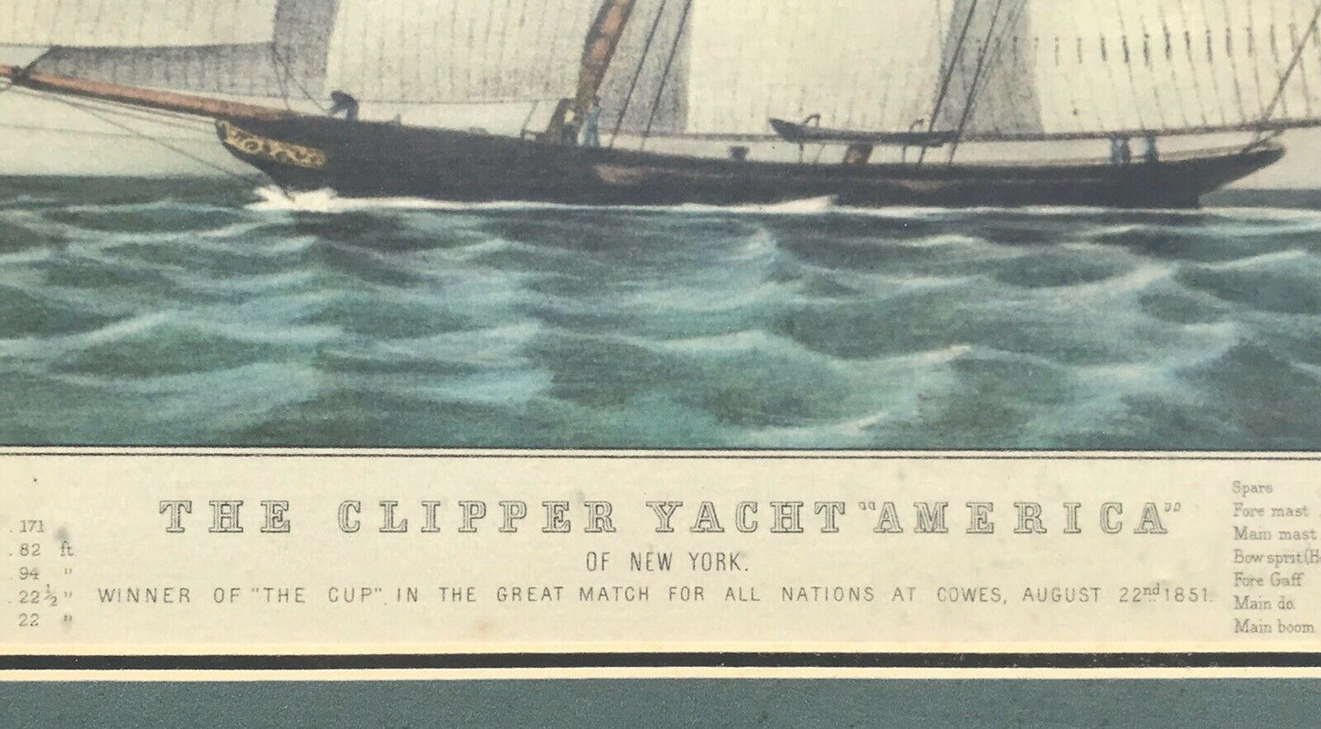 20TH C VINTAGE FRAMED THE CLIPPER YACHT AMERICA NAUTICAL PRINT ~ CURRIER & IVES
