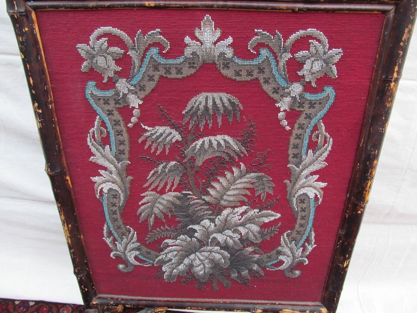 BEAUTIFUL VICTORIAN BAMBOO FIRESCREEN WITH FLORAL GLASS BEAD WORK DECORATION