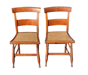 19th C Antique Pair of Tiger Maple Side Chairs With Cane Seats