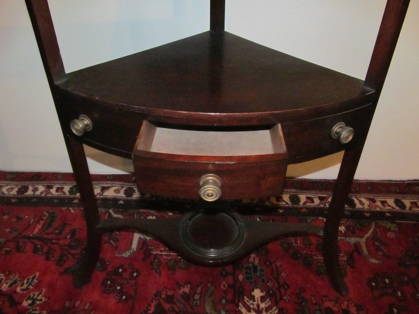 GEORGE III PERIOD MAHOGANY CORNER STAND W/ONE DR & PLANTER STRETCHER BASE