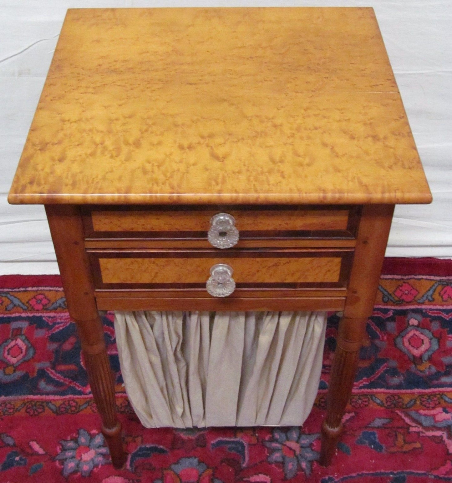 IMPORTANT FEDERAL PERIOD BIRDS EYE MAPLE SEWING TABLE W/ PLEATED FABRIC BAG-LOOK