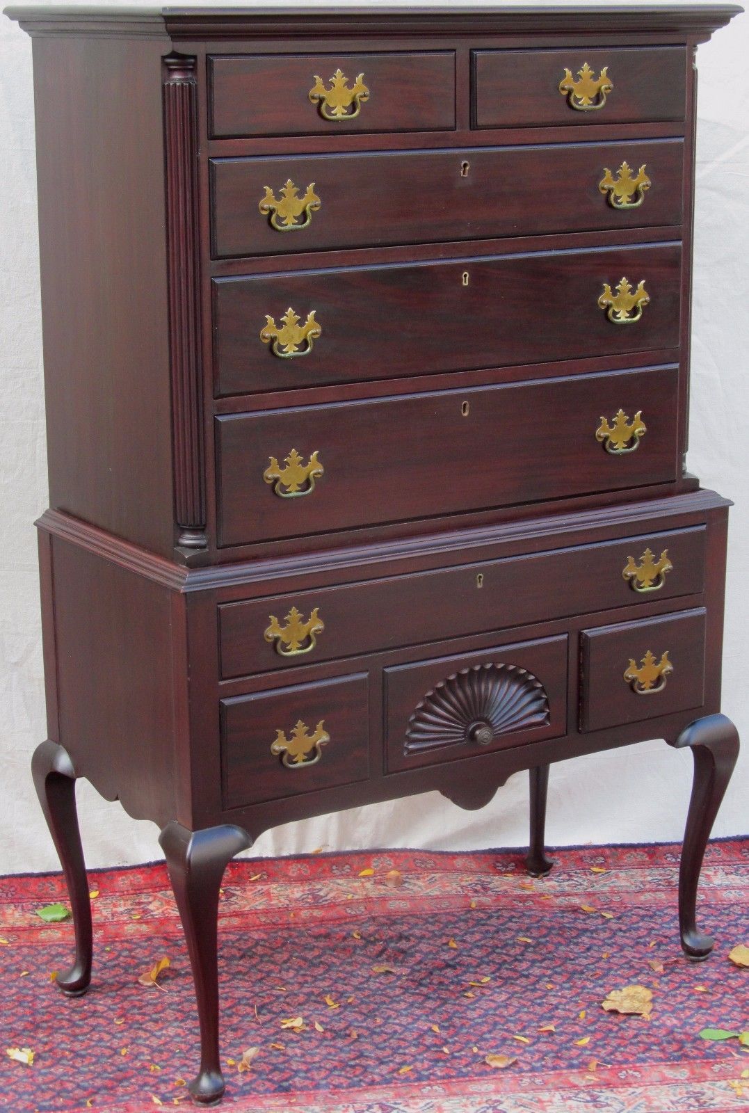 SOLID MAHOGANY CHEST OF CHEST FAN CARVED QUEEN ANNE STYLED HIGHBOY