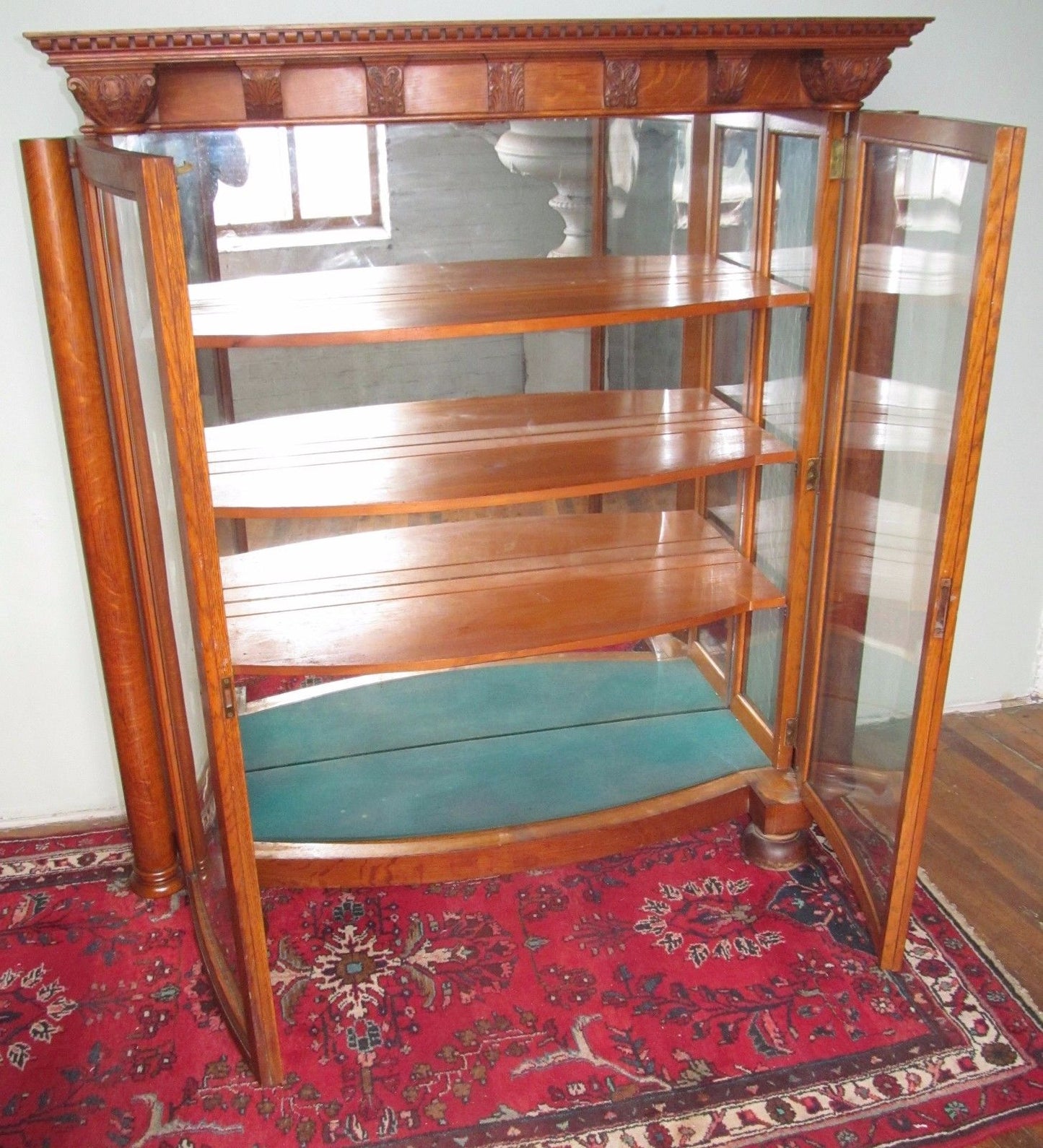 19TH CENTURY VICTORIAN CARVED OAK CURVED GLASS CHINA CABINET - PAINES FURNITURE