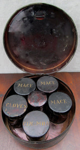 19th CENTURY SHAKER TOLEWARE SPICE CANISTER SET WITH SIX LIDDED SPICE TIN JARS