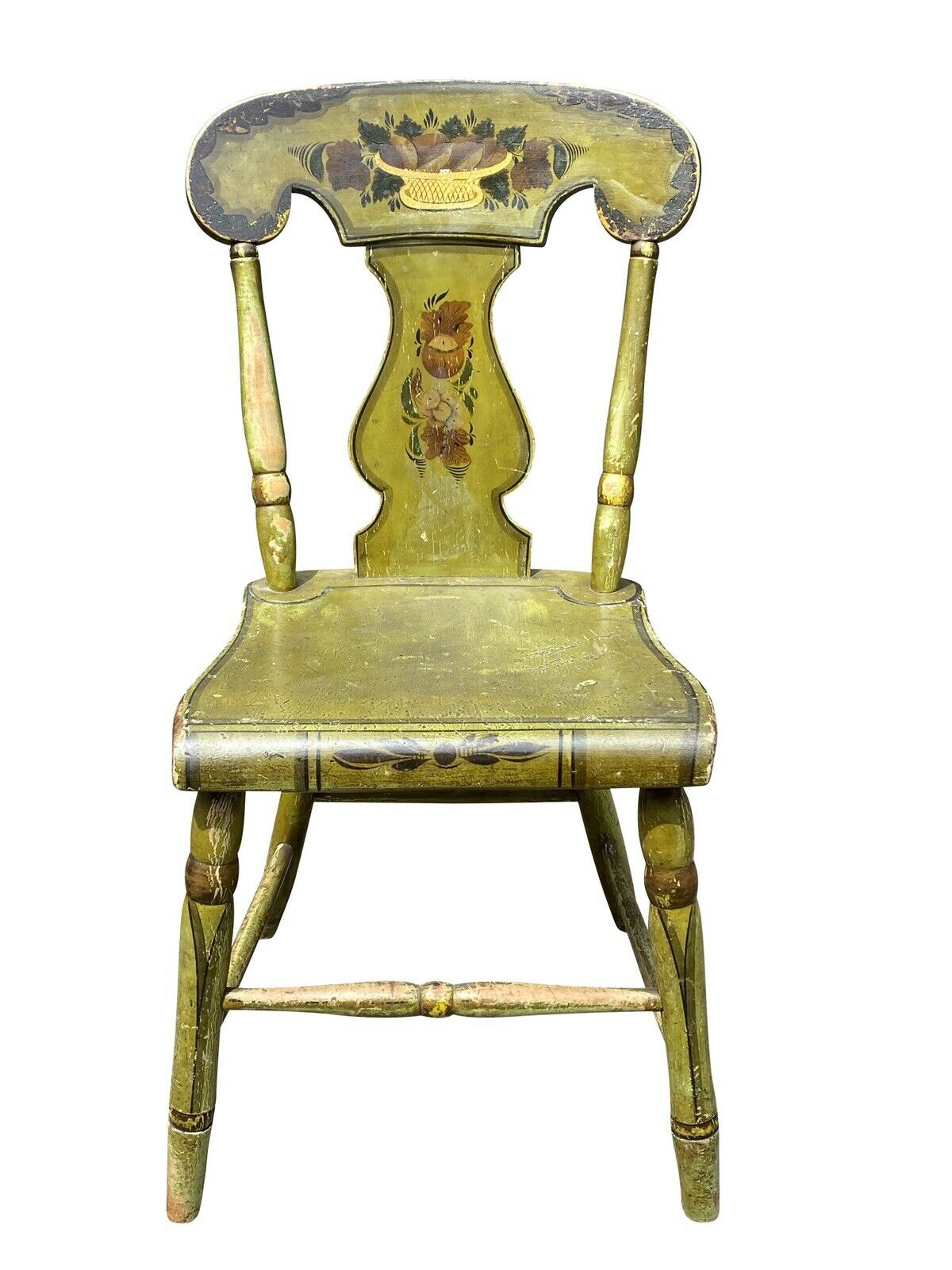 19TH C ANTIQUE SHERATON FANCY PAINT DINING CHAIRS IN BITTERSWEET GREEN PAINT