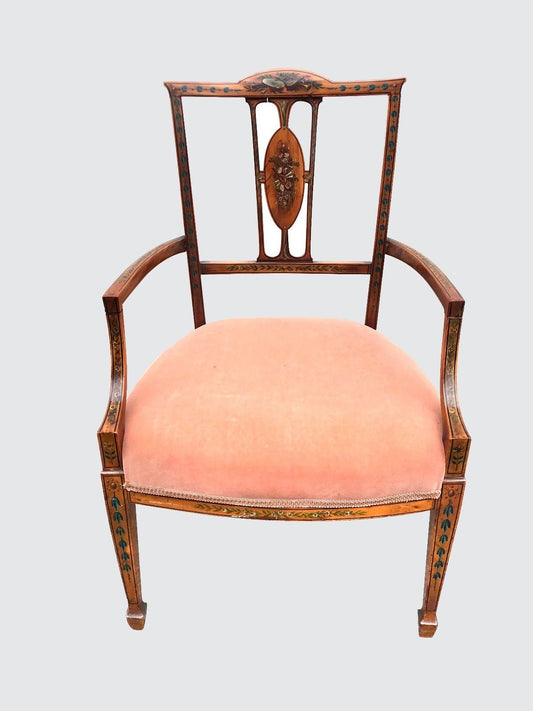 19TH C. ADAMS STYLE DIMINUTIVE ARM CHAIR W/ MUSICAL MOTIFS & PINK VELVET SEAT